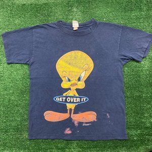 Vintage 90s Looney Tunes Tweety Bird T-Shirt Single Stitch Faded Navy L Cartoon